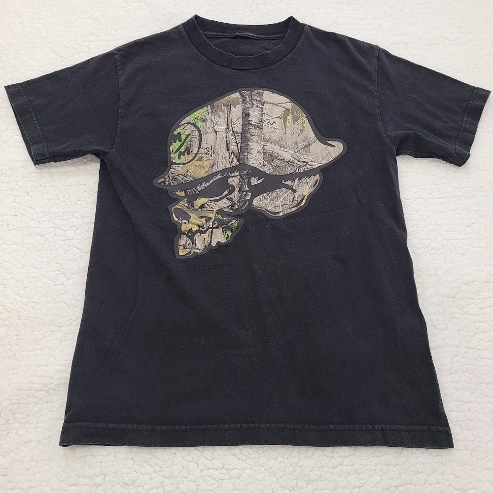 Metal Mulisha and Real Tree Colab Boys T Shirt Black and Camouflage Size Small - Picture 7 of 7
